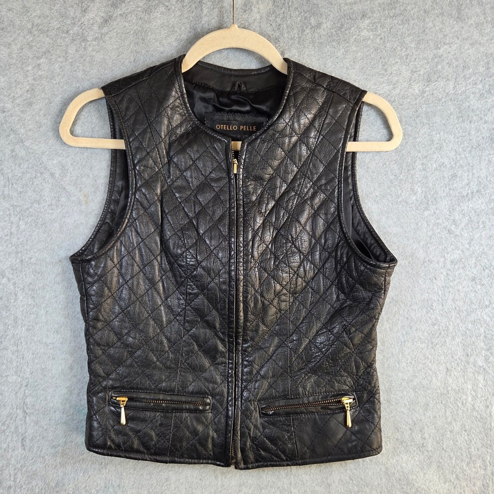 Otello Pelle Quilted Leather Vest Women Small Black Gold Zip Diamond Pattern